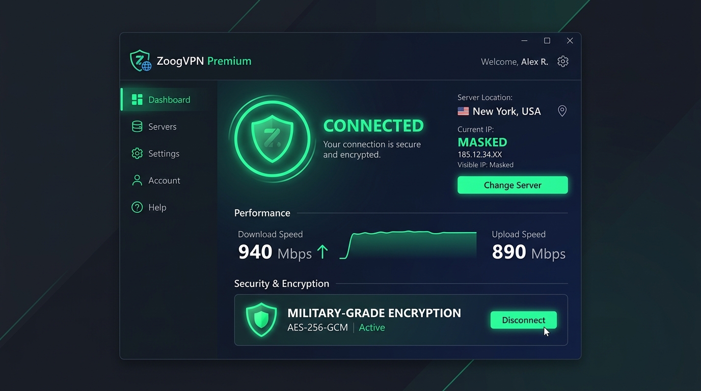 ZoogVPN Premium Windows Application Interface